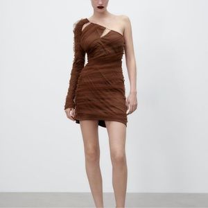 Zara Brown Cut Out Tulle Dress Ruched NWT